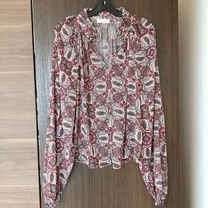 Ramy Brook Long Sleeve blouse, button front, paisley, pleated collar, sheer